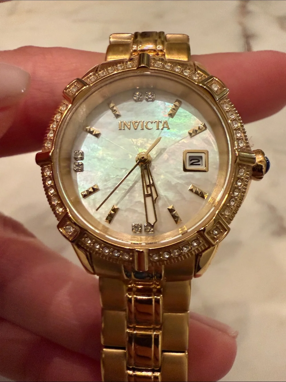 Invicta Gold Tone Ladies Watch with White Mother-of-Pearl Dial